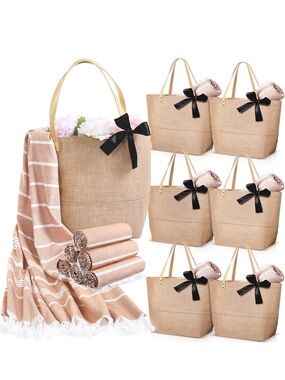 Beige Jute Tote Bag with Turkish Towel- Women Bags set of 6